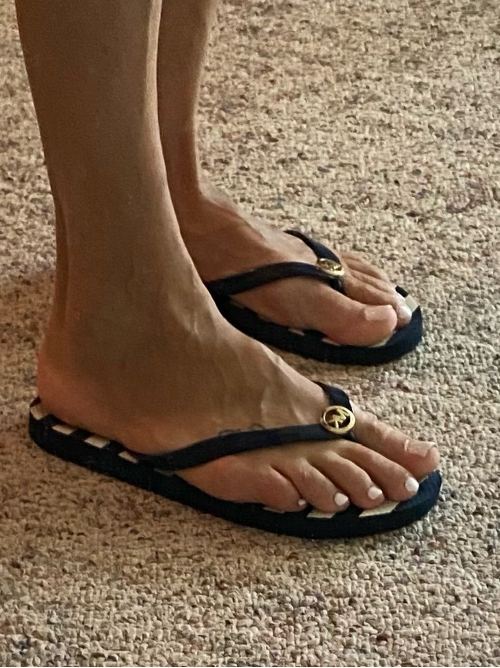 Michael Kors Navy Flip Flop Sandals with Gold Accent